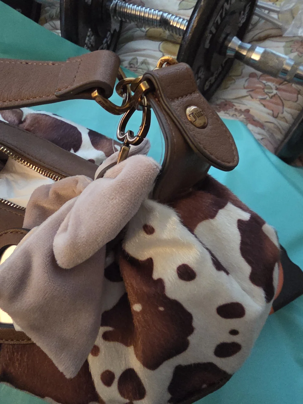Juicy Couture Saddle Brown & White Cowhide Hobo with Chain Accent